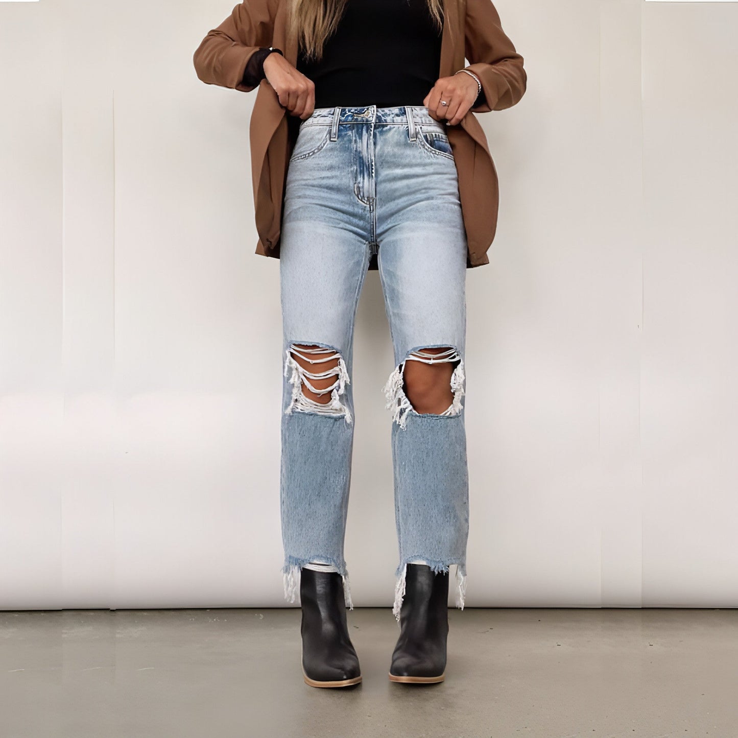 Water Washed High Waist Loose Straight Women Jeans