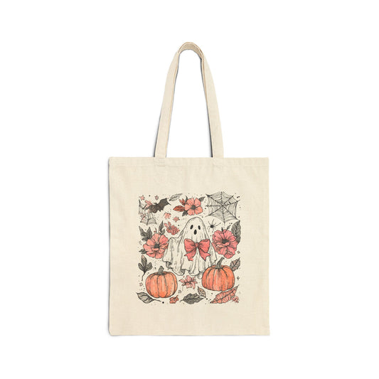 Spooky Ghost & Pumpkins Tote Bag | Halloween Floral Trick-or-Treat Bag