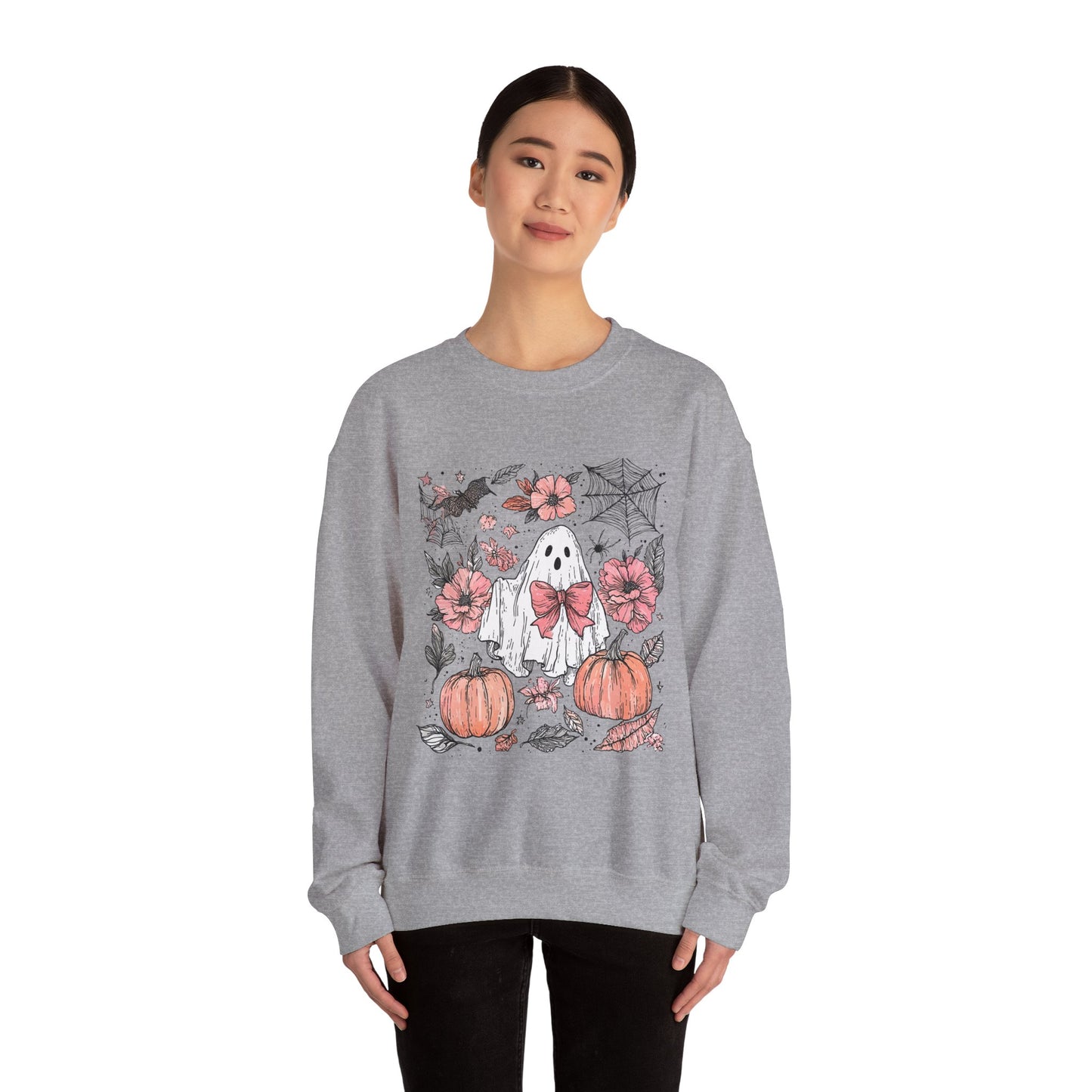 Halloween Ghost Sweatshirt - Cozy Unisex Crewneck with Pumpkins, Perfect for Fall, Ghost Lovers, Autumn Apparel, Spooky Season