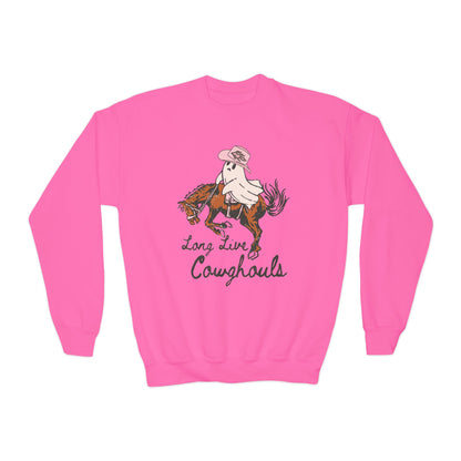 Youth Crewneck Sweatshirt - Long Live Cowgirls, Perfect for Young Equestrians, Western Style, Fun Custom Apparel, Gift for Horse Lovers