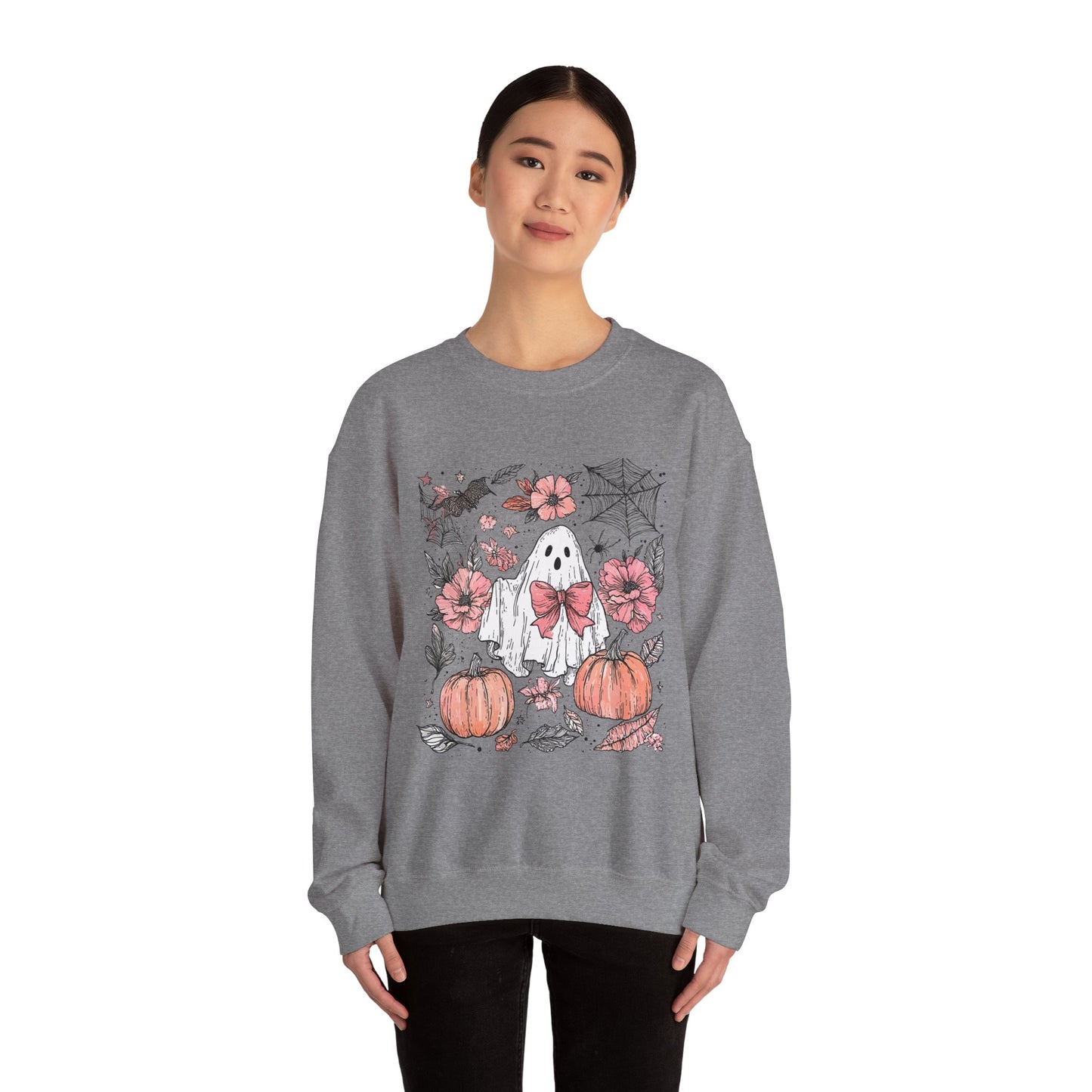 Halloween Ghost Sweatshirt - Cozy Unisex Crewneck with Pumpkins, Perfect for Fall, Ghost Lovers, Autumn Apparel, Spooky Season