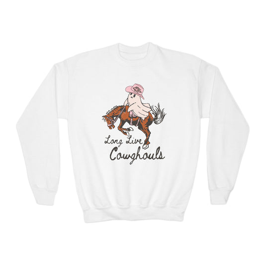 Youth Crewneck Sweatshirt - Long Live Cowgirls, Perfect for Young Equestrians, Western Style, Fun Custom Apparel, Gift for Horse Lovers