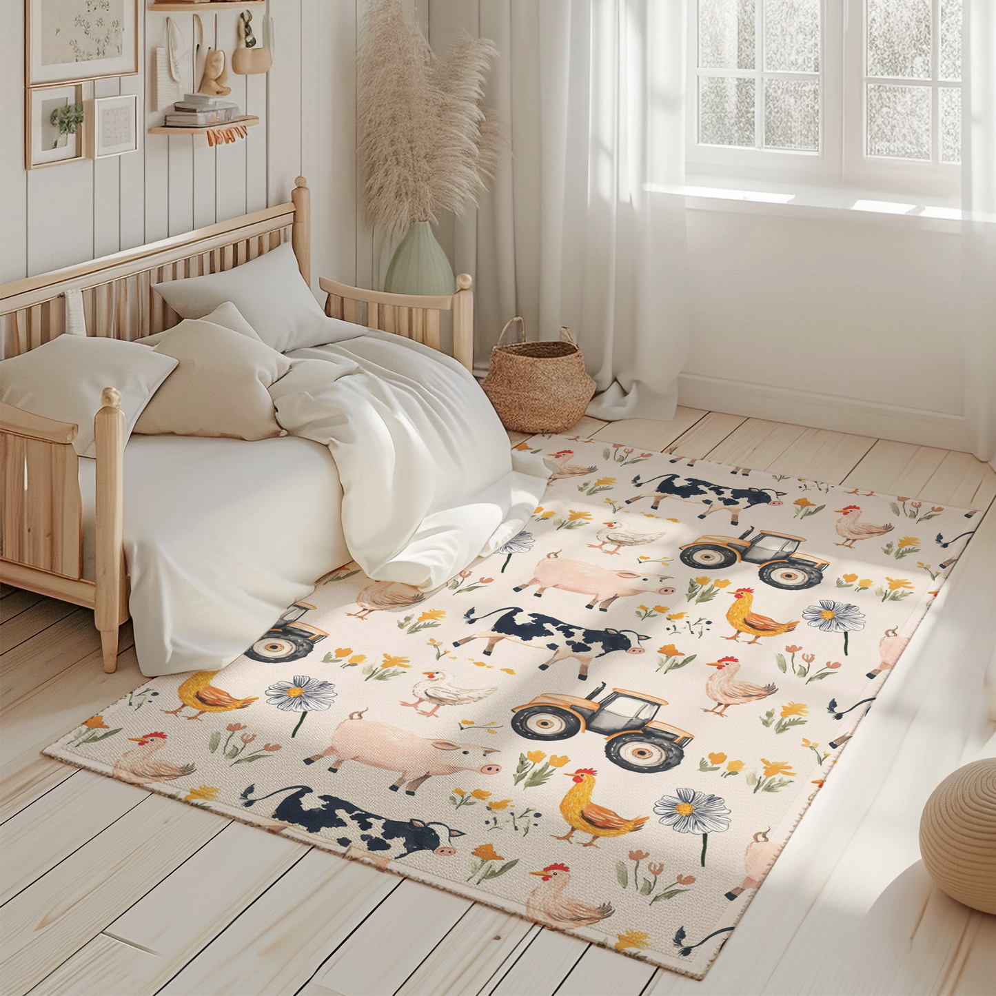 Farmhouse Kids Area Rug with Farm Animals &amp; Tractors