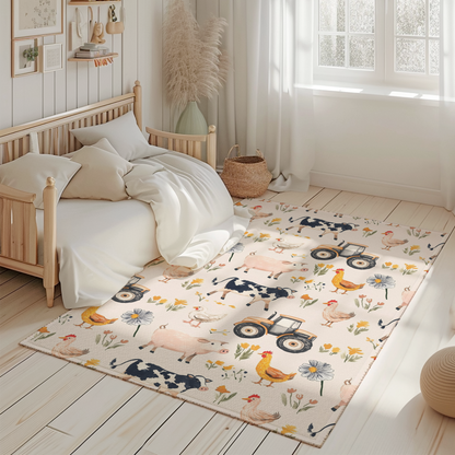 Farmhouse Kids Area Rug with Farm Animals &amp; Tractors