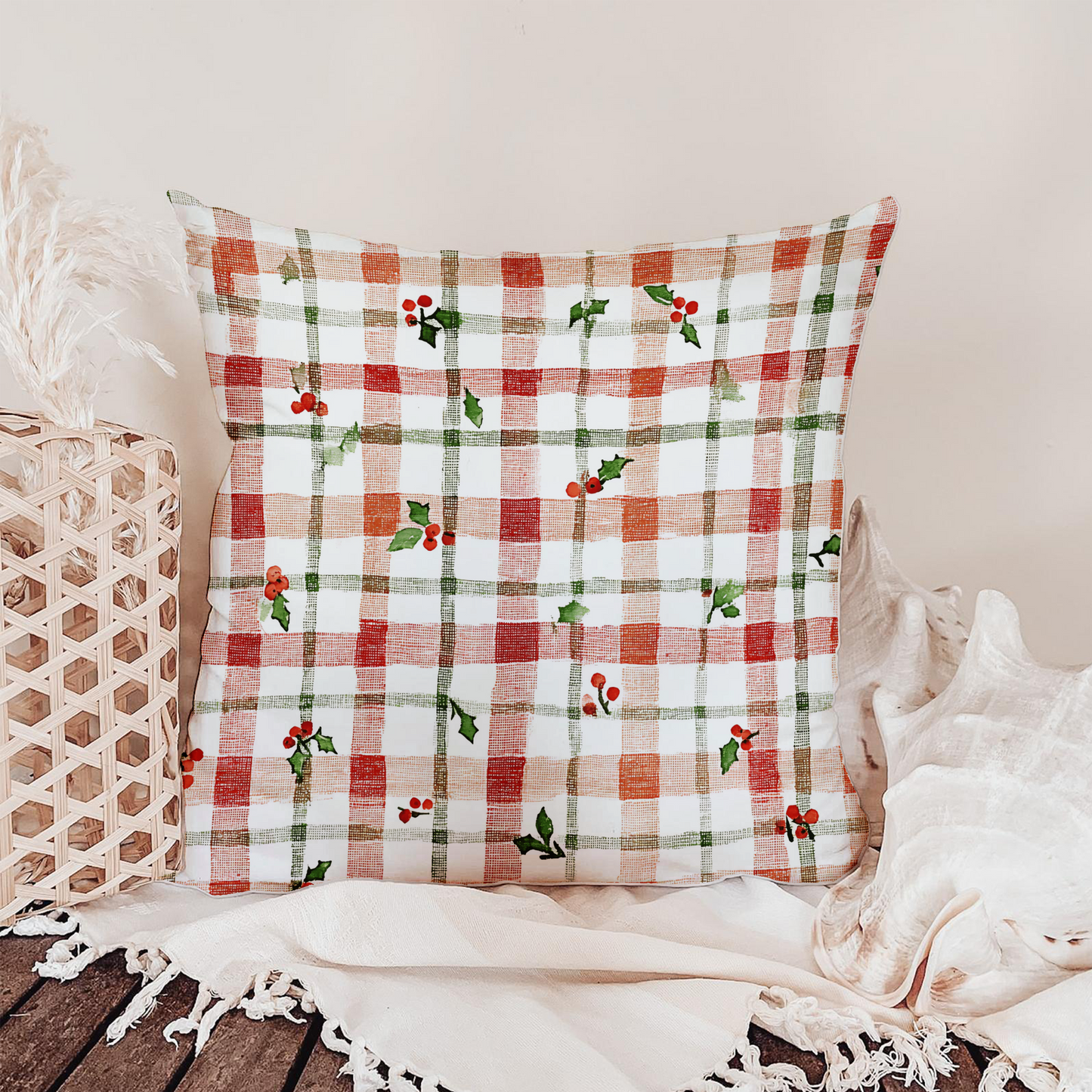 Cozy Holiday 🎄 Floral & Checkered Throw Pillow