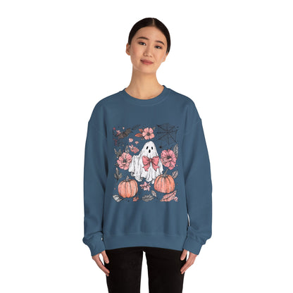Halloween Ghost Sweatshirt - Cozy Unisex Crewneck with Pumpkins, Perfect for Fall, Ghost Lovers, Autumn Apparel, Spooky Season