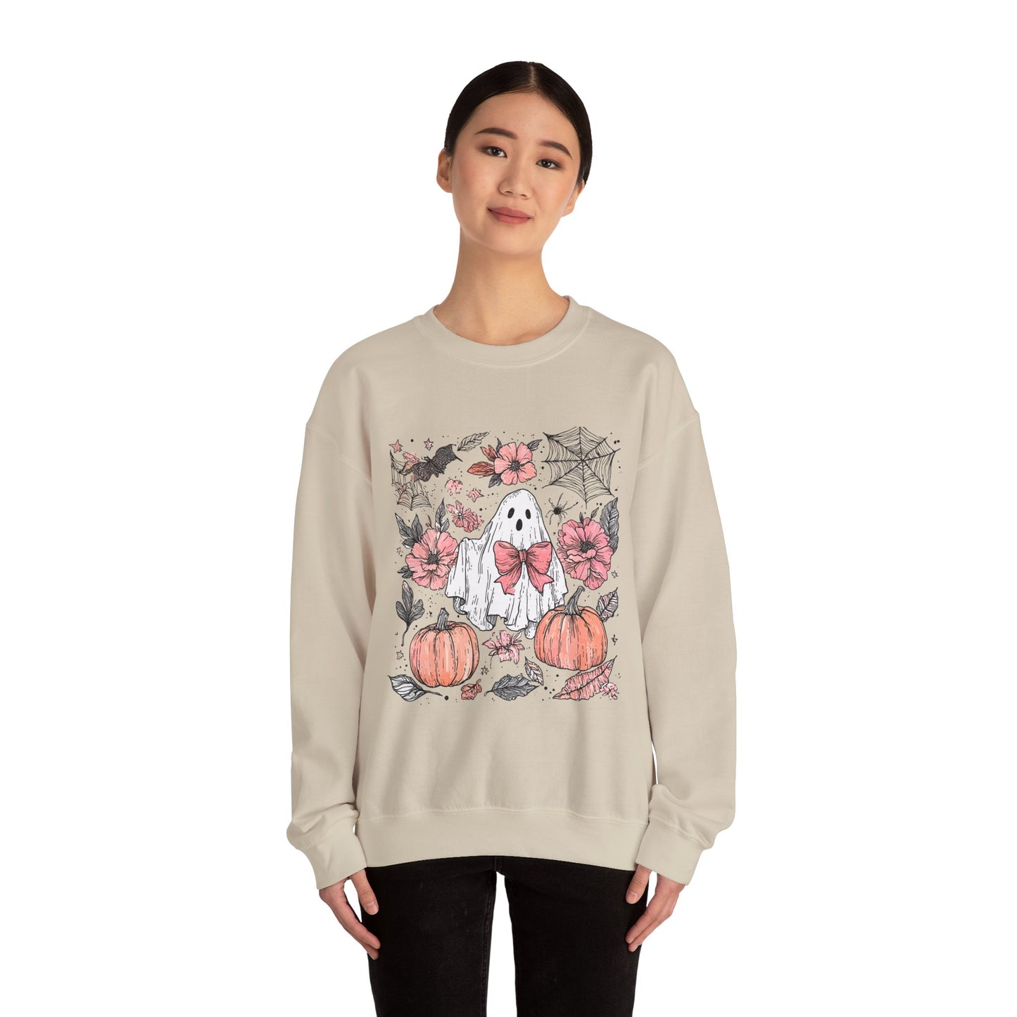 Halloween Ghost Sweatshirt - Cozy Unisex Crewneck with Pumpkins, Perfect for Fall, Ghost Lovers, Autumn Apparel, Spooky Season