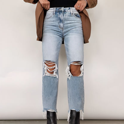 Water Washed High Waist Loose Straight Women Jeans